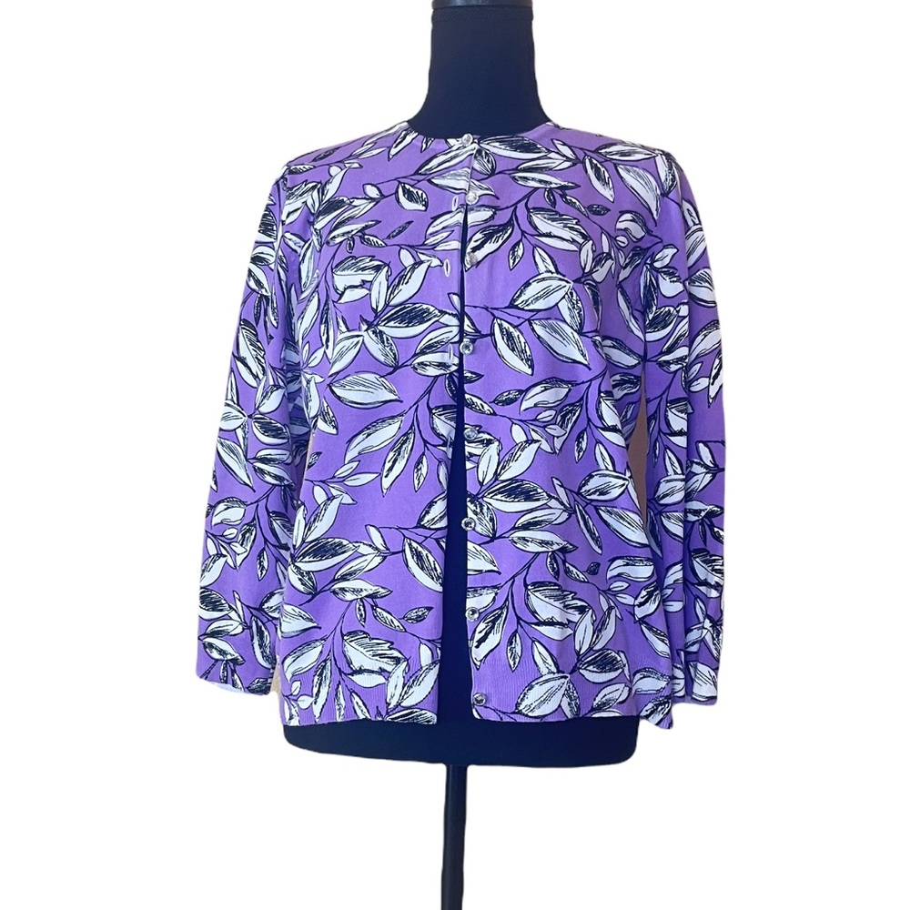 Cardigan, size medium, multi color lavender black white.